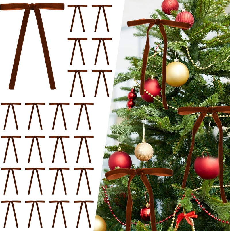 Lavwix 40Pcs Velvet Ribbon Bows, 5x7 Inch Pre-Tied Bows Christmas Ornaments for Xmas Tree, Garland, Wreath, Gift and Holiday Home Décor (5 x 7 Inch, Width of 3/8", Brown) - Image 1